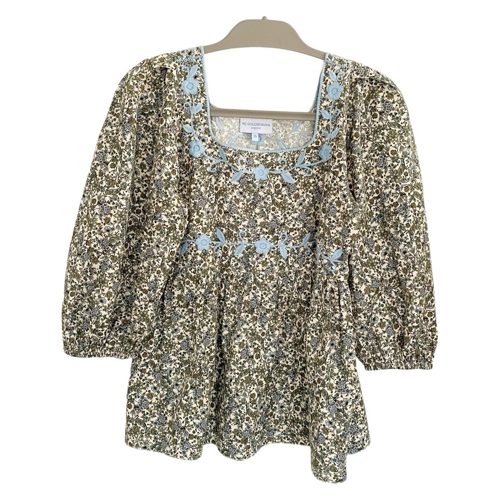 MI GOLONDRINA Floral Embroidered Blouse Top Shirt Size XS Mexico Resort wear